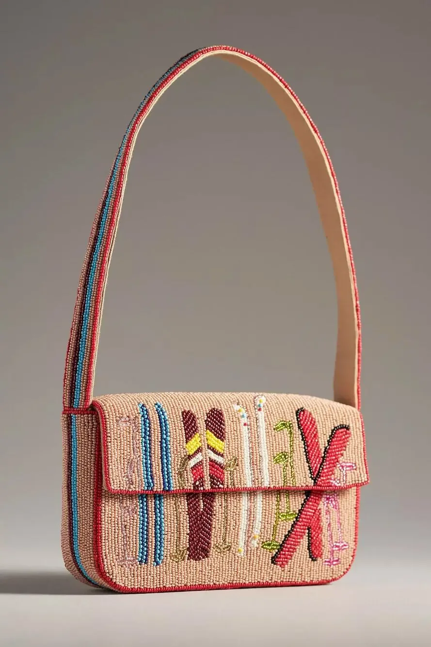 nwt ANTHROPOLOGIE The Fiona Beaded Bag: Winter Icon Edition Skis Motif